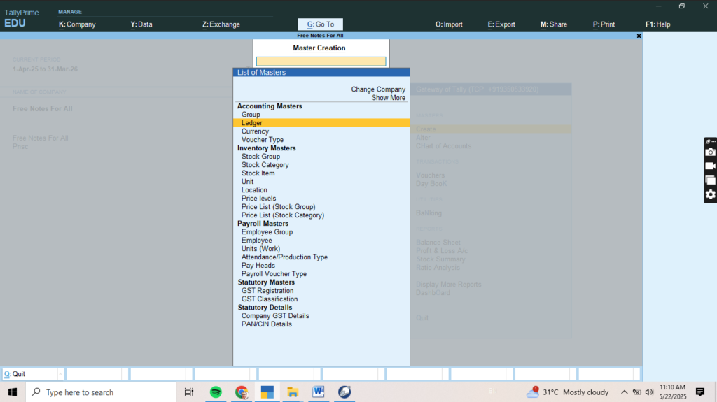 Create Ledger in Tally Prime