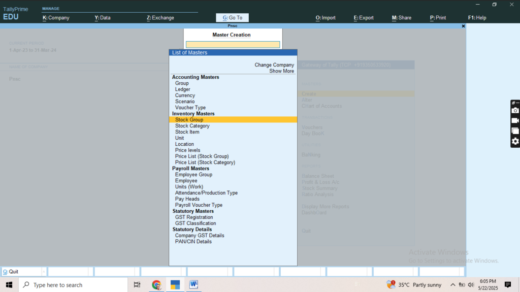 Create Stock Group in Tally Prime